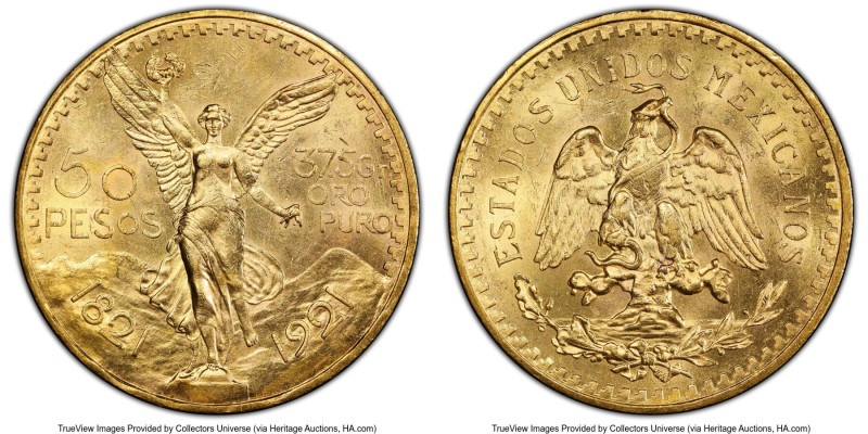 Estados Unidos gold 50 Pesos 1921 MS63 PCGS, Mexico City mint, KM481. The most p...