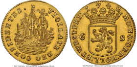 Holland. Provincial gold 6 Stuivers 1742 MS63 NGC, KM45a, Del-816. 7.02gm. A fantastic gold "Scheepjesschelling" struck to a gold weight of 2 Ducats. ...