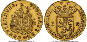 Holland. Provincial gold 6 Stuivers 1746 MS61 NGC, KM45a, Del-816. 7.00gm. A lovely Mint State "Scheepjesschelling" struck to a gold weight of 2 Ducat...