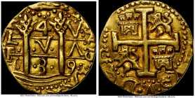 Philip V gold Cob 4 Escudos 1739 L-V AU Details (Mount Removed) NGC, Lima mint, KM37, Fr-8. 13.5gm. A rare denomination for Cob coinage with the prese...