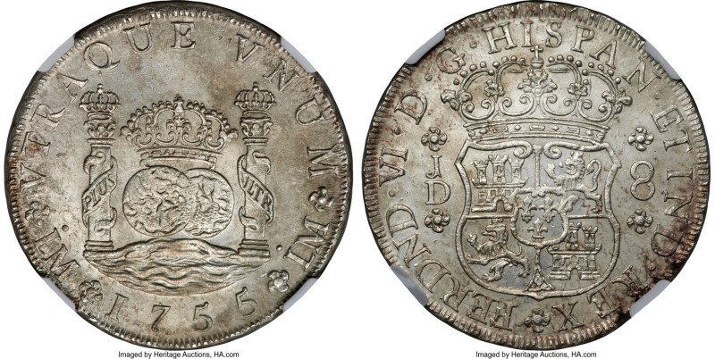 Ferdinand VI 8 Reales 1755 LM-JD MS62 NGC, Lima mint, KM55.1, Cal-459. Excellent...