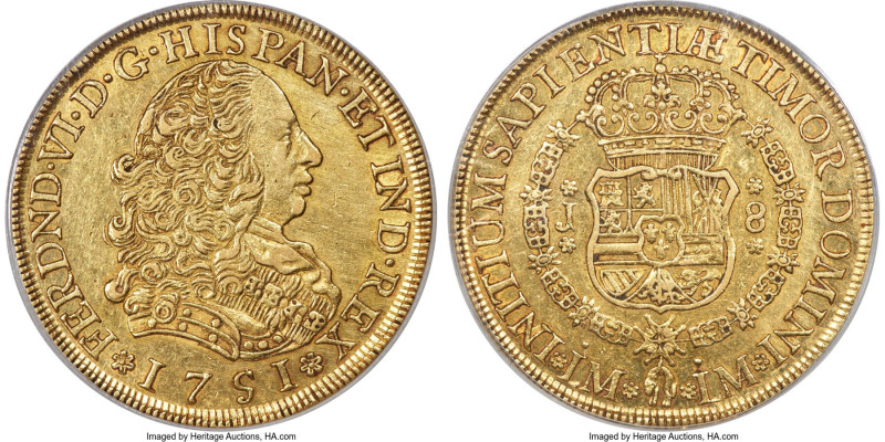 Ferdinand VI gold 8 Escudos 1751 LM-J AU55 PCGS, Lima mint, KM50, Fr-16. A charm...