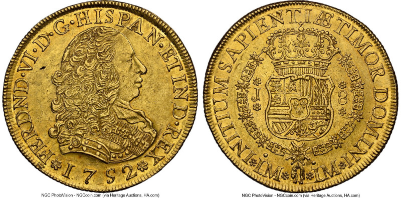 Ferdinand VI gold 8 Escudos 1752 LM-J MS61 NGC, Lima mint, KM50, Cal-765. A stun...