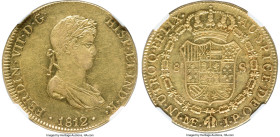 Ferdinand VII gold 8 Escudos 1812 LM-JP AU55 NGC, Lima mint, KM124. Short lived two-year variety with a small draped bust. Despite a slightly off-cent...
