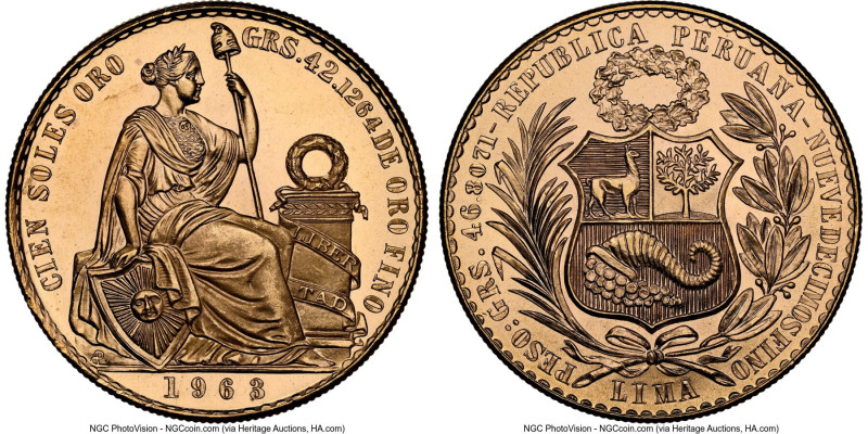 Republic gold 100 Soles 1963 MS66 NGC, Lima mint, KM231, Fr-78. Becoming prohibi...