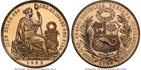 Republic gold 100 Soles 1963 MS66 NGC, Lima mint, KM231, Fr-78. Becoming prohibitively difficult to source any finer, steeped in poignant luster and n...