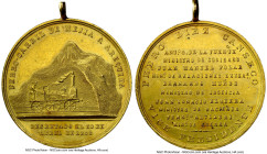Republic gold "Mejia-Arequipa Railroad" Medal 1868 UNC Details (Mounted) NGC, Fonrobert-Unl. 37mm. 35gm. FERRO-CARRIL DE MEJIA A AREQUIPA Early steam ...