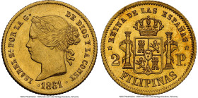 Spanish Colony. Isabel II gold 2 Pesos 1861 MS63 NGC, KM143, Fr-2. Tied for highest grade in the NGC census, this choice Mint State specimen shines wi...