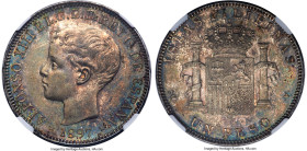 Spanish Colony. Alfonso XIII Peso 1897 SG-V MS62 NGC, Manila mint, KM154, Cal-122. One-year type coveted in Mint State. Indigo and apricot hues enhanc...