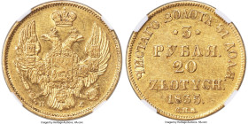 Nicholas I of Russia gold 20 Zlotych (3 Rubles) 1835 CЛБ-ПE AU58 NGC, St. Petersburg mint, KM-C136.2, Fr-111. Flashy luster on a bright honeycomb flan...