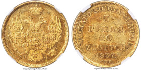 Nicholas I of Russia gold 20 Zlotych (3 Rubles) 1837 CЛБ-ПE AU58 NGC, St. Petersburg mint, KM-C136.2. Bright luster on a warm amber flan. HID098012420...