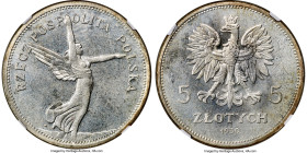 Republic 5 Zlotych 1930 MS63 NGC, Warsaw mint, KM-Y18. Very rare in uncirculated condition, bested by a sole example in the NGC population. Lightly to...