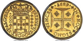 Pedro II gold 4000 Reis 1689 MS64 NGC, Porto mint, KM156. This choice specimen sparkles with impressive luster on bright lemon-yellow surfaces. Ex. He...