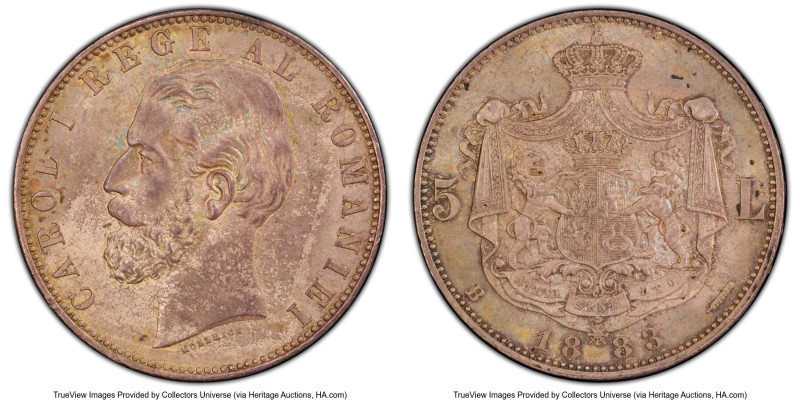 Carol I 5 Lei 1883-B MS63 PCGS, Bucharest mint, KM17.1, Schäffer/Stambuliu-29a. ...