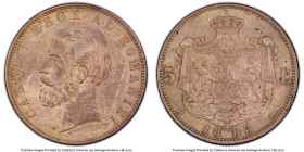 Carol I 5 Lei 1883-B MS63 PCGS, Bucharest mint, KM17.1, Schäffer/Stambuliu-29a. Crown with 2 dots variety. The better variety for the type, ranked at ...