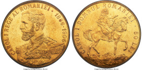 Carol I gold 50 Lei 1906 AU55 PCGS, Brussels mint, KM39, Fr-6. Struck to commemorate Carol's 40th anniversary of reign. Shimmering marigold surfaces e...