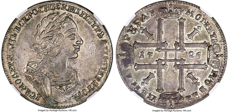 Peter I Rouble 1725 AU58 NGC, Red mint, KM162.5, Bit-964. Portrait in ancient ar...