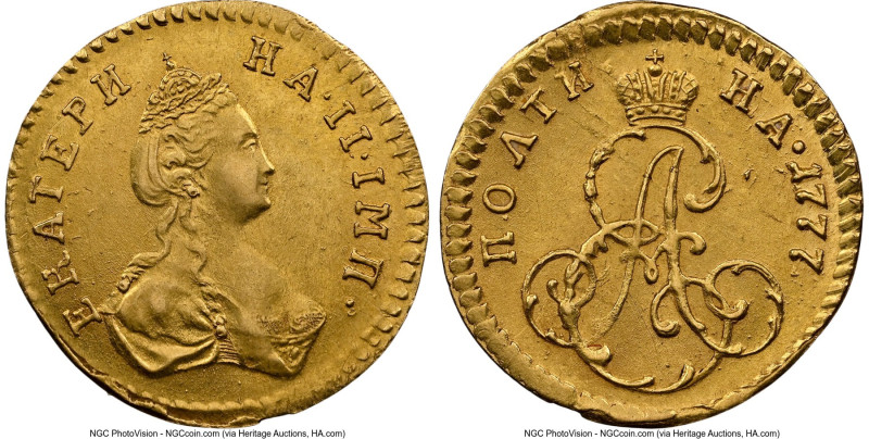 Catherine II gold Poltina (1/2 Rouble) 1777 MS63 NGC, St. Petersburg mint, KM-C7...