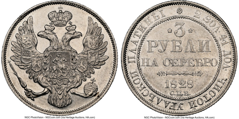 Nicholas I platinum 3 Roubles 1828-CПБ AU58 NGC, KM-C177, Bit-73 (R1). From the ...