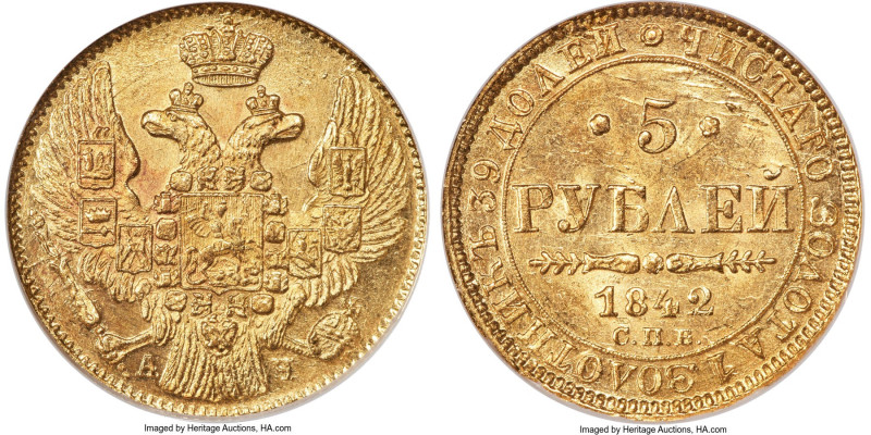 Nicholas I gold 5 Roubles 1842 CПБ-AБ MS65 NGC, St. Petersburg mint, KM-C175.1, ...