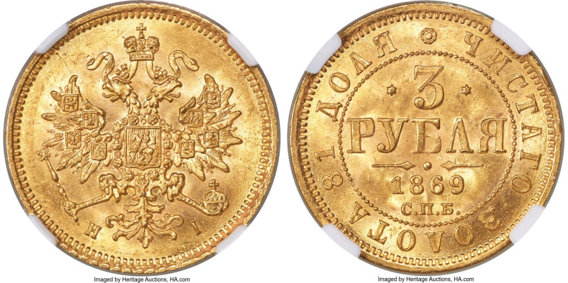 Alexander II gold 3 Roubles 1869 CПБ-HI MS65 NGC, St. Petersburg mint, KM-Y26, B...