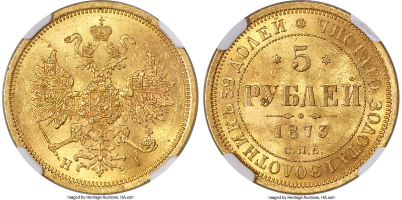 Alexander II gold 5 Roubles 1873 CПБ-HI MS64 NGC, KM-YB26. Tied with one other e...
