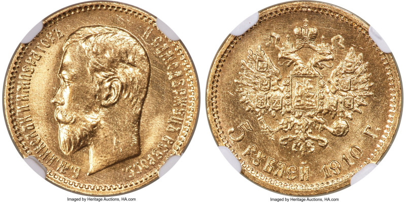 Nicholas II gold 5 Roubles 1910-ЭБ MS66 NGC, St. Petersburg mint, KM-Y62. A gorg...