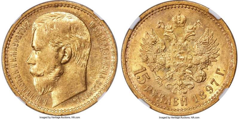 Nicholas II gold "Narrow Rim" 15 Roubles 1897-AΓ MS63 NGC, St. Petersburg mint, ...