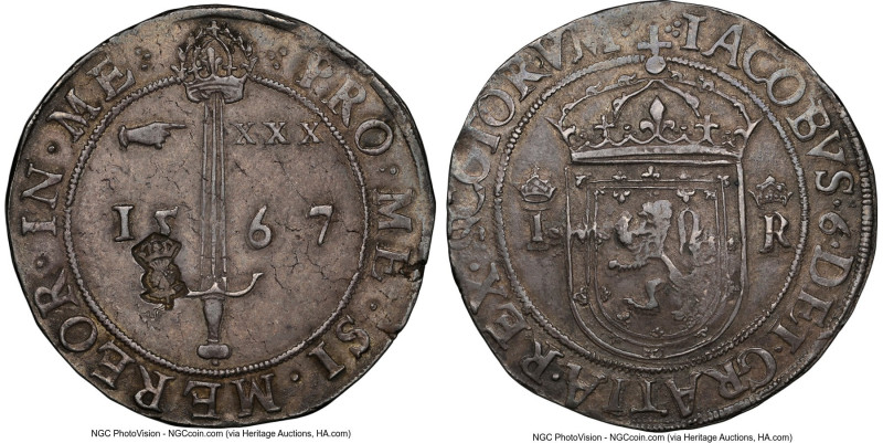 James VI (I) Counterstamped "Thistle" Ryal ND (1578) AU53 NGC, cf. S-5472 (for h...