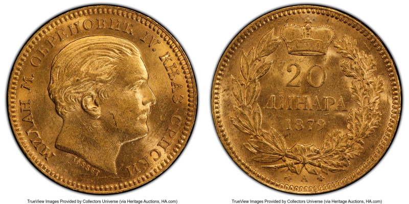 Milan I gold 20 Dinara 1879-A MS62 PCGS, Paris mint, KM14, Fr-3. Popular one-yea...