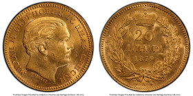 Milan I gold 20 Dinara 1879-A MS62 PCGS, Paris mint, KM14, Fr-3. Popular one-year type that becomes prohibitive to source in finer designations. Displ...