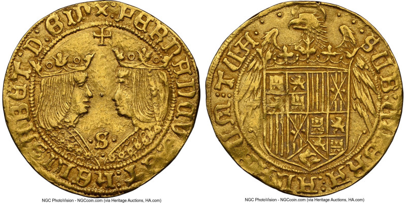 Ferdinand & Isabella gold 2 Excelentes ND (from 1497)-S AU55 NGC, Seville mint, ...