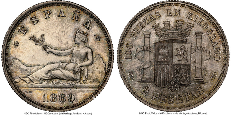 Provisional Government 2 Pesetas 1869 (69)-SN-M MS64 NGC, Madrid mint, KM654, Ca...