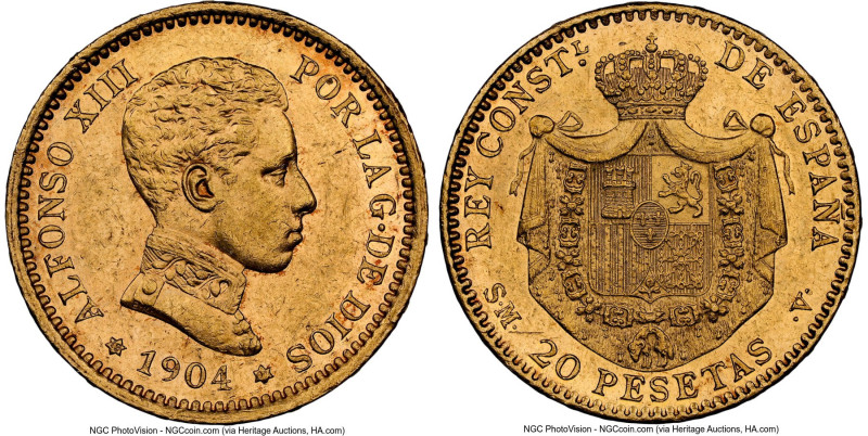 Alfonso XIII gold 20 Pesetas 1904 (04) SM-V AU58 NGC, Madrid mint, KM724, Fr-349...