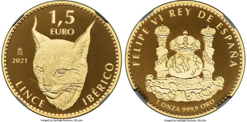Phillip VI gold Reverse Proof "Iberian Lynx / Spanish Doubloon" 1-1/2 Euros (1 o...