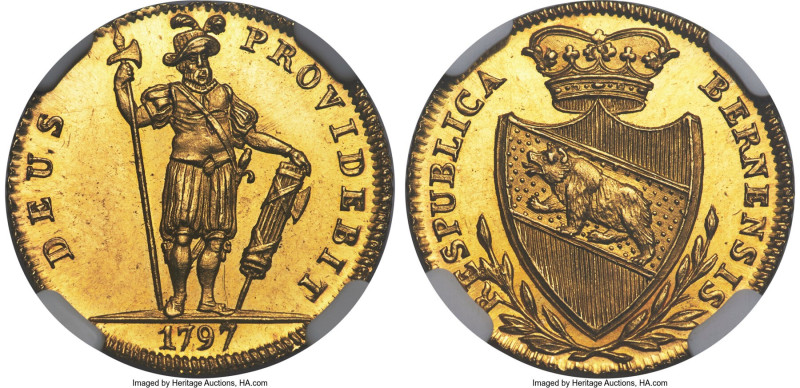 Bern. Canton gold 1/2 Duplone 1797 MS64 NGC, KM-162, Fr-188. Warrior standing/Cr...