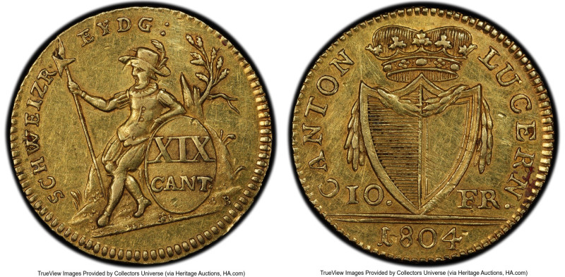 Lucerne. Canton gold 10 Franks 1804 AU55 PCGS, KM98, Fr-327. A one-year type we ...