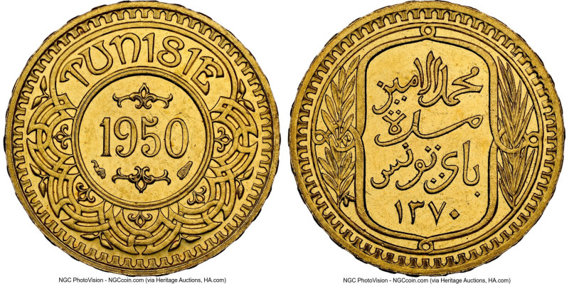 Muhammad al-Amin Bey gold 100 Francs AH 1370 (1950) MS63 NGC, Paris mint, KM-X6,...