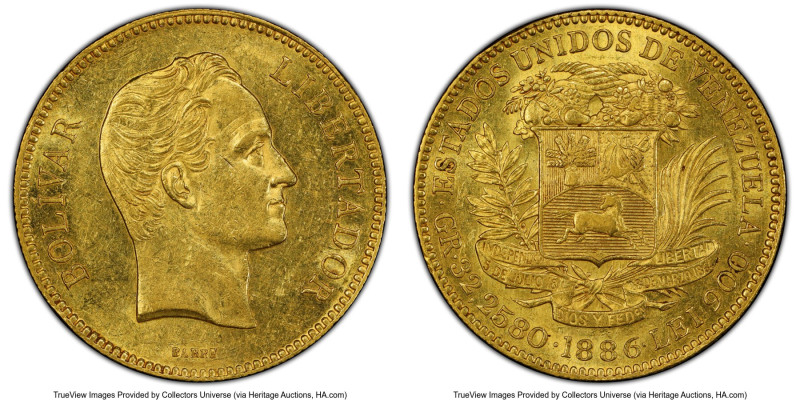 Republic gold 100 Bolivares 1886-(c) MS61 PCGS, Caracas mint, KM-Y34, Fr-2. Vari...