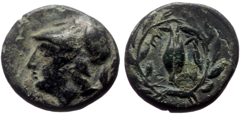 Bronze Æ
Aeolis, Elaia, c. 340-300 BC, Helmeted head of Athena to left /
Barle...