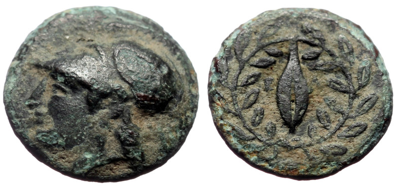 Bronze Æ
Aeolis, Elaia, c. 340-300 BC, Helmeted head of Athena to left /
Barle...