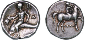 Greece (ancient) Tarentum Calabria 272 BC - 240 BC AR Nomos - Leon... and AN... (ΛEΩN) Silver 7.92g XF HN Italy 1030 Vlasto 857