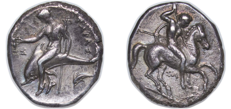 Greece (ancient) Tarentum Calabria 332 BC - 302 BC AR Nomos (Taras astride dolph...