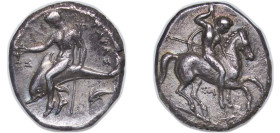 Greece (ancient) Tarentum Calabria 332 BC - 302 BC AR Nomos (Taras astride dolphin, TAPAΣ / warrior on horse, ΣΑ) Silver Taras, Calabria Mint 7.63g XF...