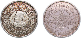 Morocco Kingdom AH 1376 (1956) 500 Francs - Mohammed V Silver (.900) Paris Mint (2000000) 22.51g XF Y 54 Lec 293