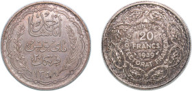 Tunisia French Protectorate AH 1358 (1939) 20 Francs - Ahmad II Silver (.680) Paris Mint (100000) 19.95g AU KM 266 Lec 371