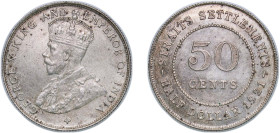 British Malaysia Straits Settlements British colony 1921 50 Cents - George V Silver (.500) Bombay Mint (2579413) 8.4g AU KM 35.1