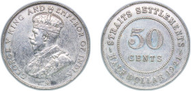 British Malaysia Straits Settlements British colony 1921 50 Cents - George V Silver (.500) Bombay Mint (2579413) 8.4g XF KM 35.1