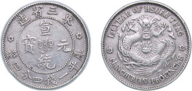 China Manchurian Provinces Qing dynasty Y1 (1909) 20 Fen - Xuantong (Type 1, 造省三東) Silver (.890) 5.2g VF Y 213.2