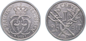 Danish West Indies Danish colony 1905 P❤GI 5 Cents / 25 Bit - Christian IX Nickel Copenhagen Mint (199000) 4g AU KM 77 Schön 4